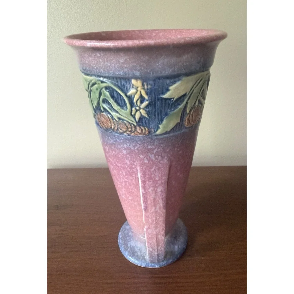 Roseville Baneda Pink 1932 Vintage Art Deco Pottery‎ Ceramic Handled Vase 604-7